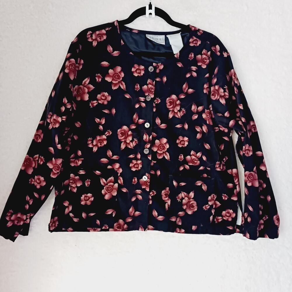 Sweater Cardigan Erika Studio Button-Up MOP Buttons Black Rose LS Pockets Sz XL
